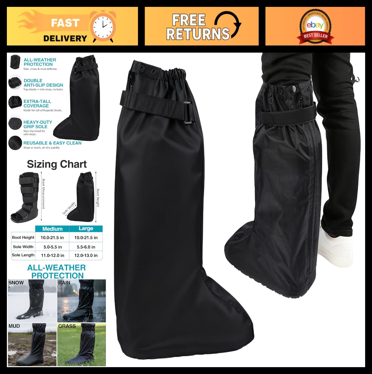 Waterproof Tall Boot Cover for Medical & Orthopedic Walking Boots, Non-Slip, Reu