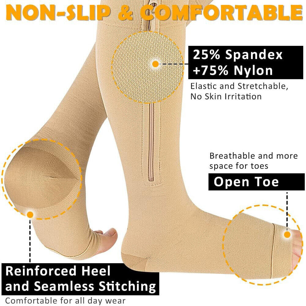 Zipper Open Toe Compression Socks 20-30mmHg Varicose Vein Arch Support Stocking