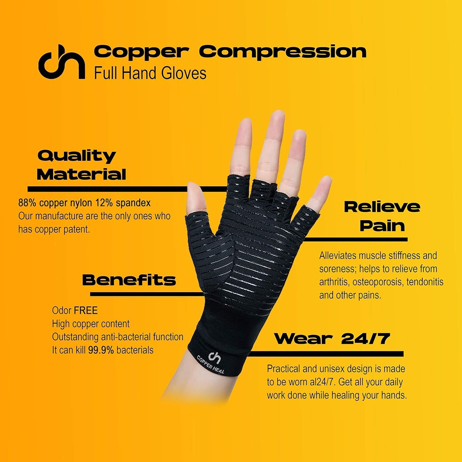 COOPER HEAL Copper Compression Gloves – Pain Relief for Arthritis & Tendonitis