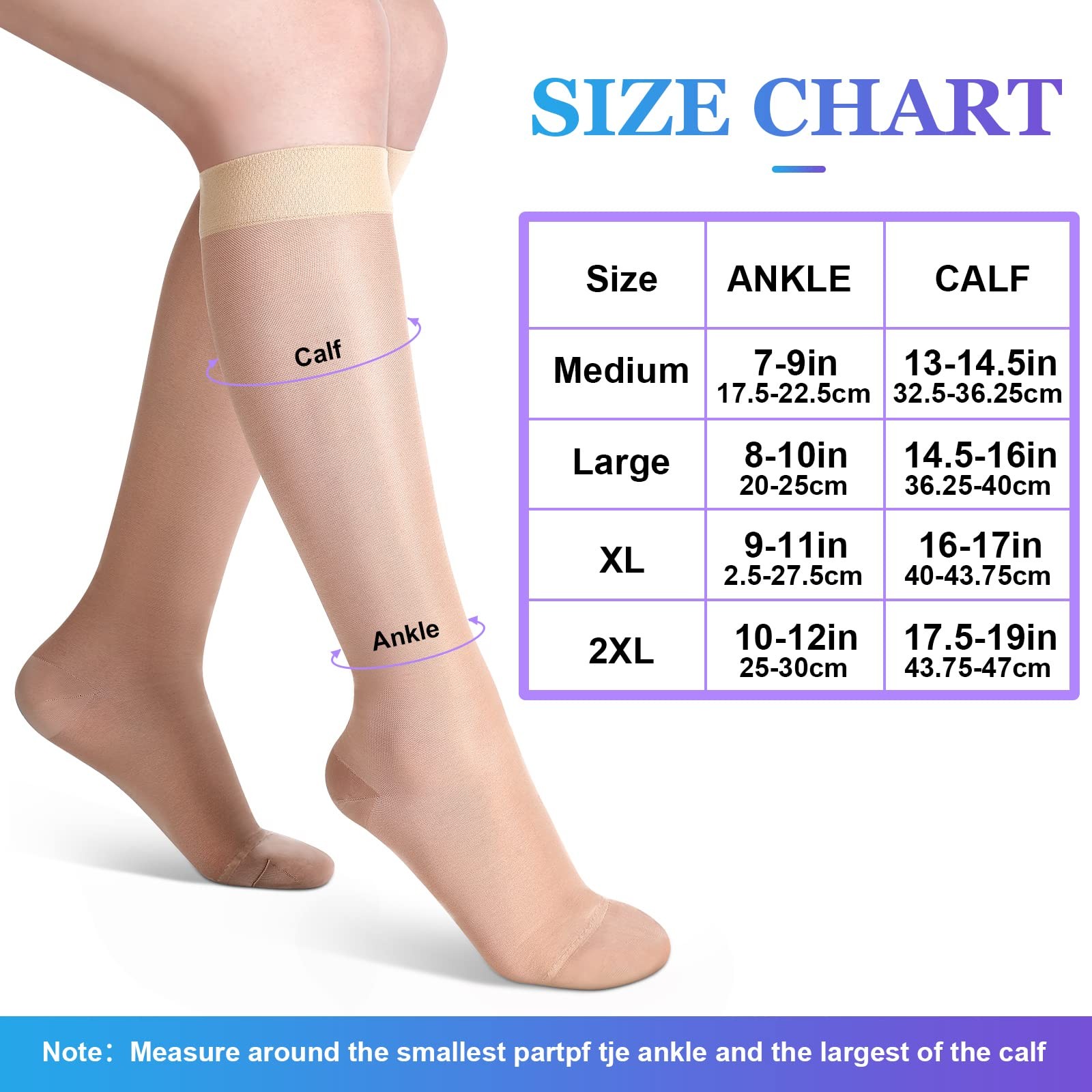 3 Pairs Sheer Compression Socks 20-30 Mmhg Knee High Compression Medium Nude