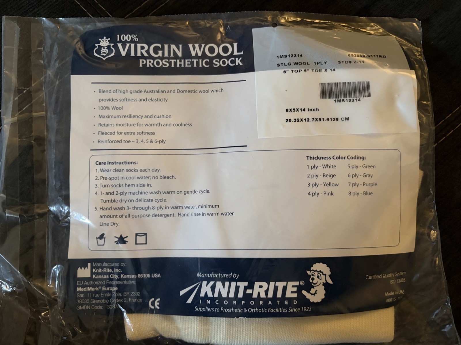 New Knit-Rite Virgin Wool Prosthetic Sock 1-Ply 8x5x14 Inch Pack of 7