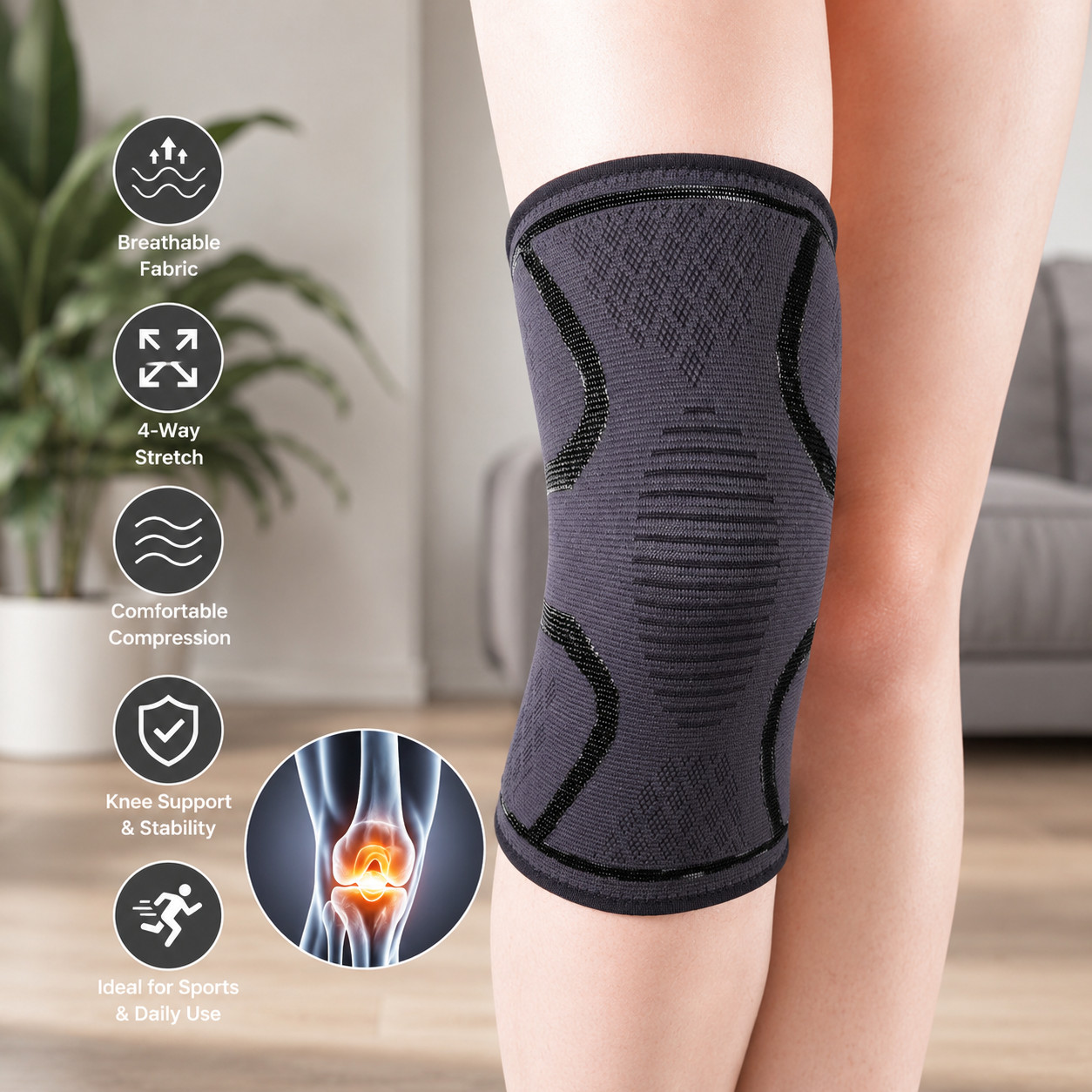 Knee Sleeve Compression Brace Support For Sport Gym Joint Pain Arthritis Relief