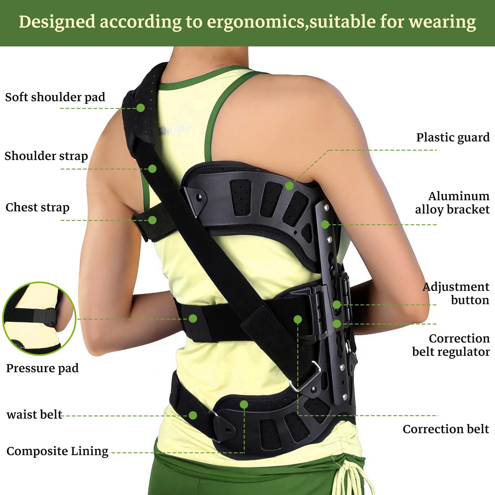 ZHUNPOCT Adjustable Scoliosis Back Brace Cervical Support BO12