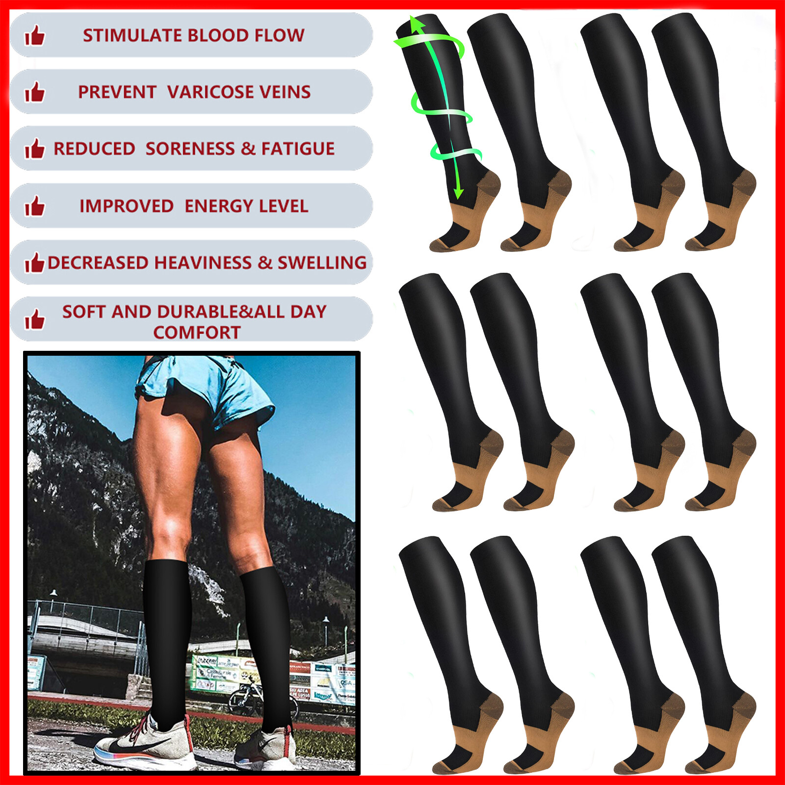 (6 Pairs) Copper Compression Socks 20-30mmHg Graduated Support Mens Womens S~XXL