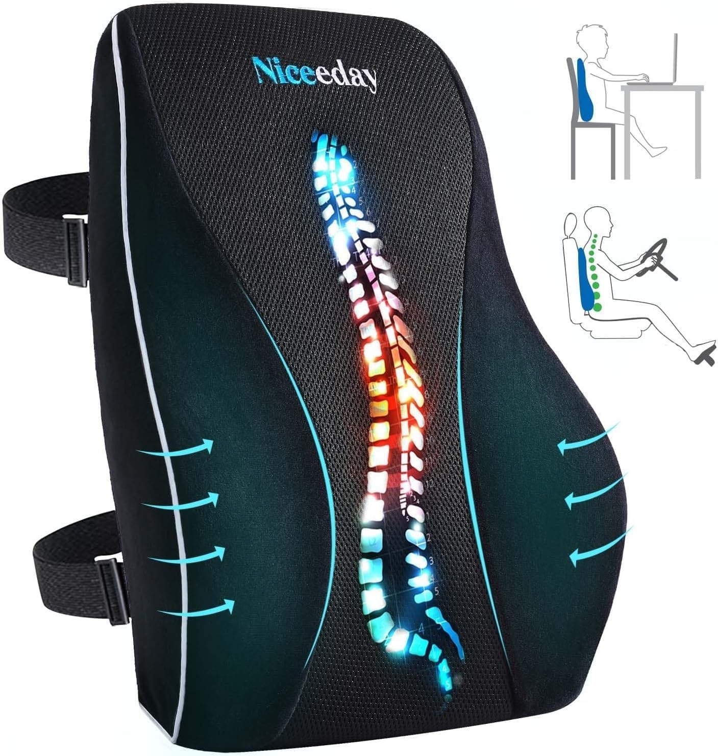Niceeday Memory Foam Lumbar Support Pillow Office Chair Car Back Cushion Black