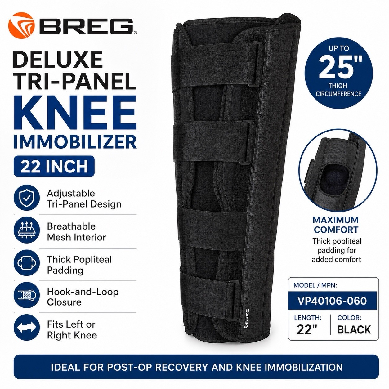 Breg Deluxe Tri-Panel Knee Immobilizer, 22-inch standard size.