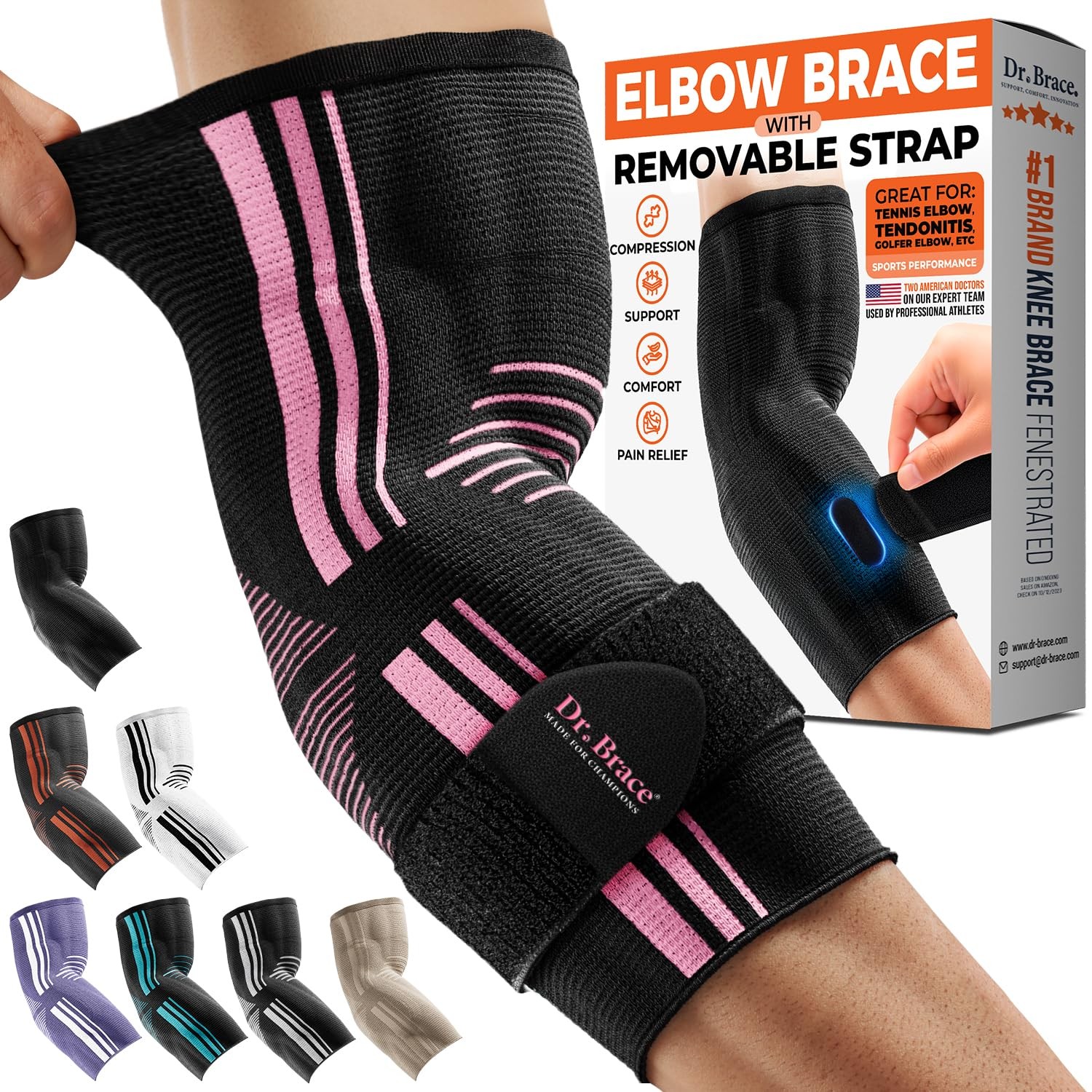DR. BRACE® Elite Elbow Brace Support with Removable Strap Medium, Black-Pink