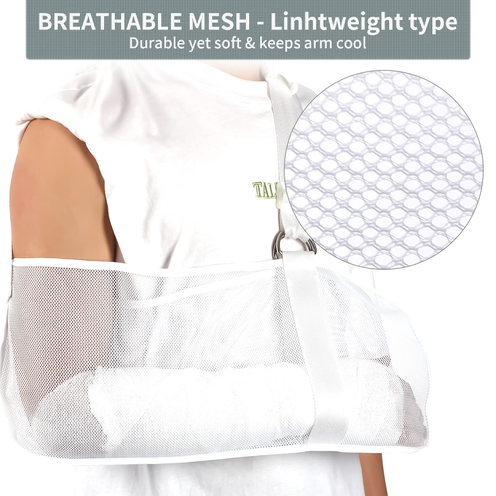 Breathable Mesh Arm Sling Shower Adjustable, Rotator Cuff Injury Right Left Wht