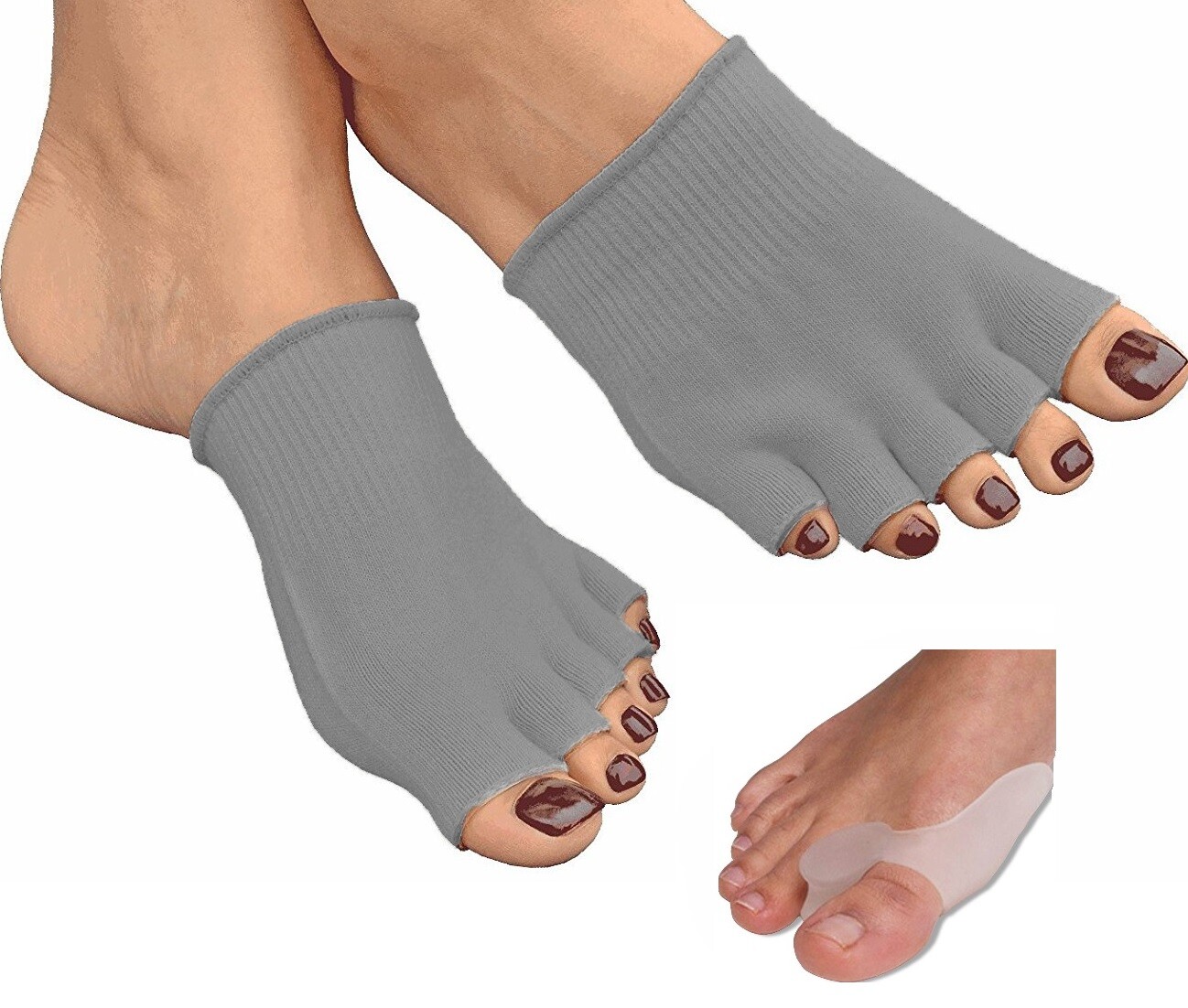 1 Pair Open Toe Gel-Lined Compression Socks And 1 Pr Big Toe Silicone Protector