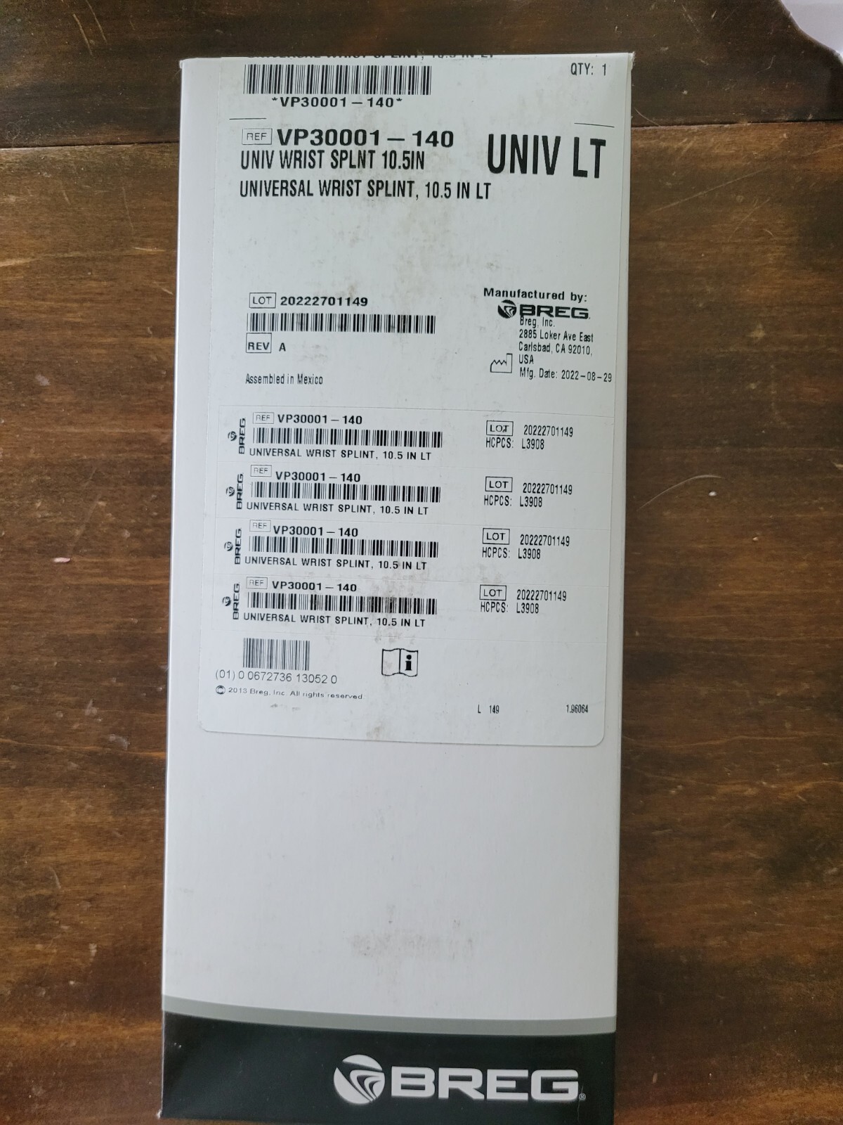 Breg Universal Wrist Splint 10.5 INCH LEFT VP30001-140 NIB
