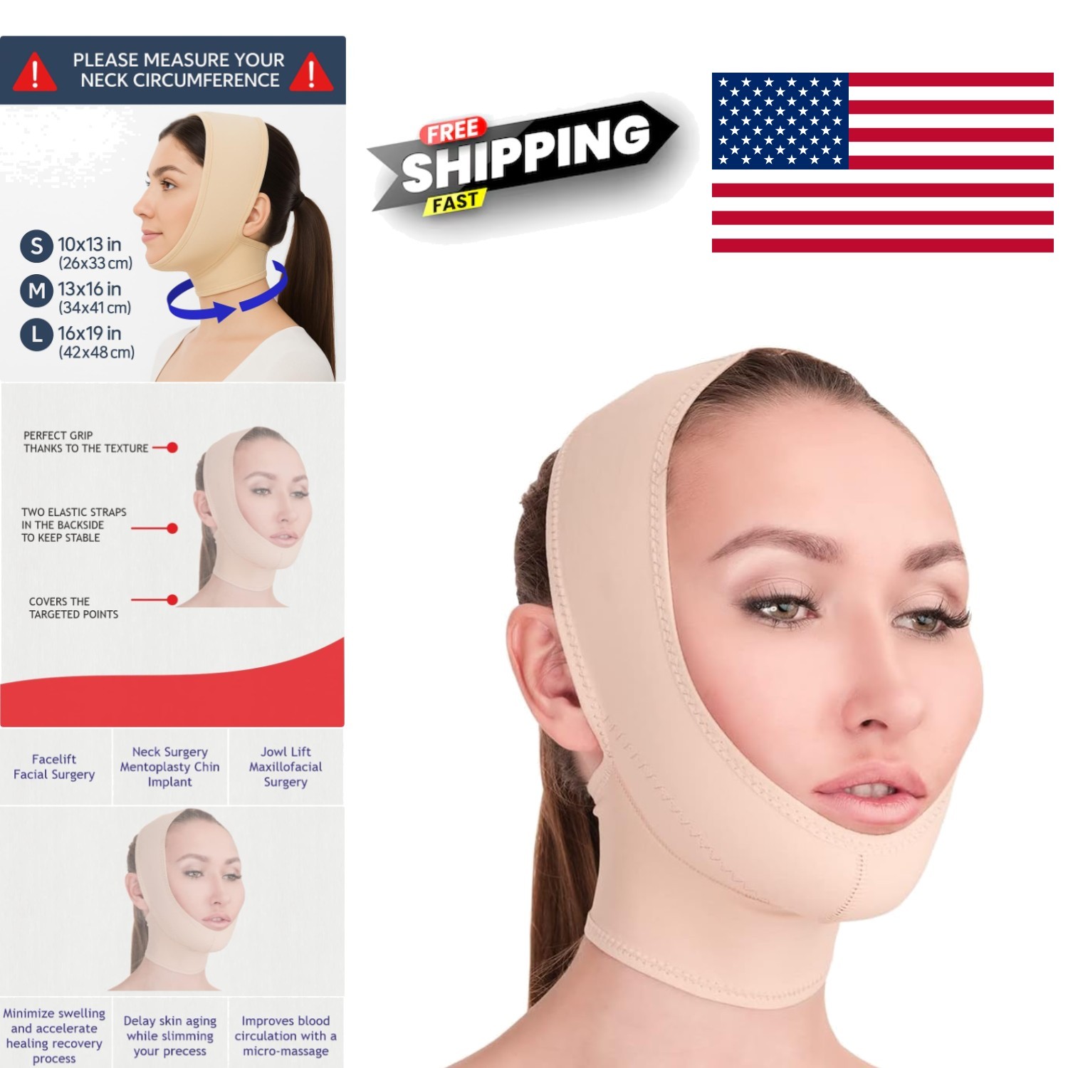 Post Surgical Chin Strap Bandage for Women Neck Compression Garment Beige Medium