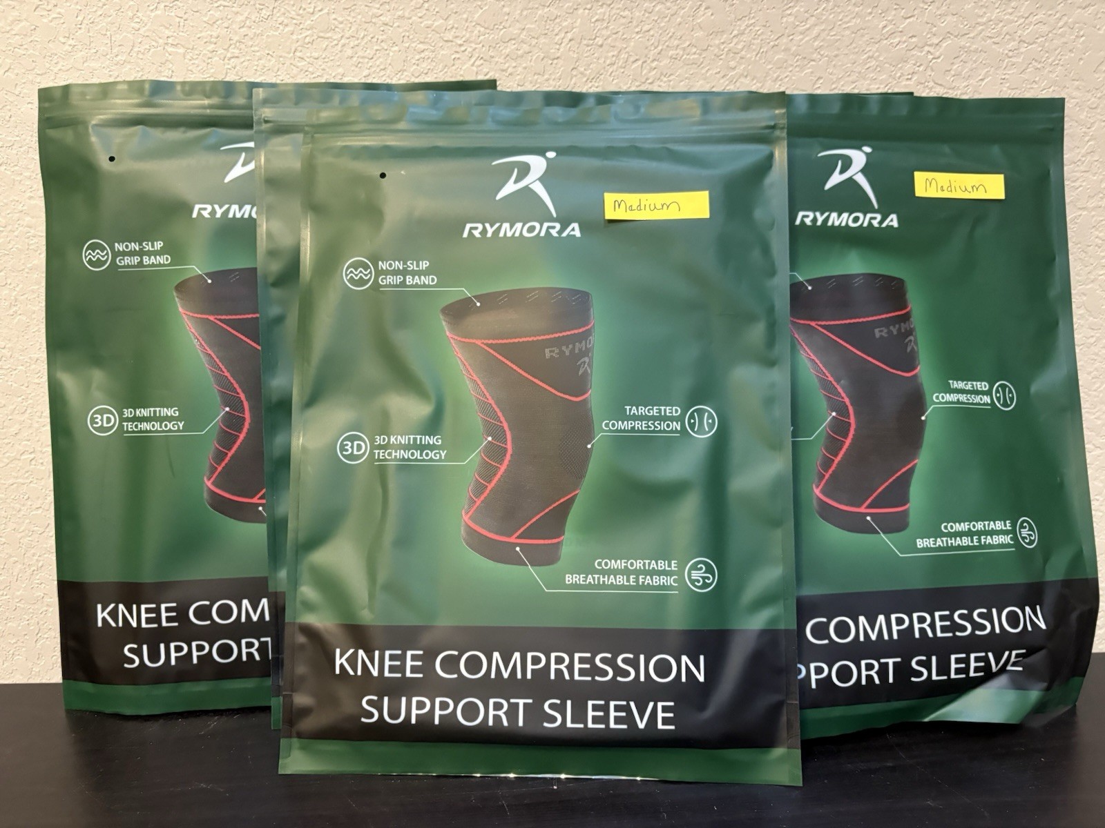 Rymora Knee Compression Support Sleeve SZ Medium New Non-Slip Grip Band 3D Knit