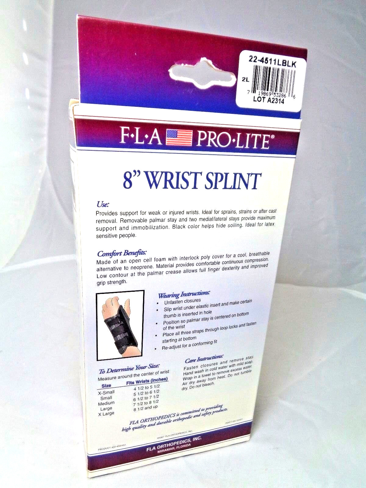 F-L-A PRO LITE 8″ LEFT WRIST SPLINT Size XL; Professional Grade