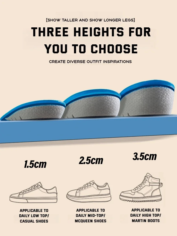 1Pair Gel Shoes Insole for Feet Silicone Invisible Height Increasing Insoles