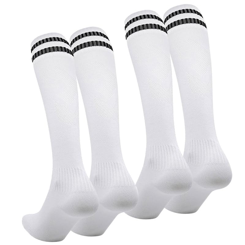 Knee High Soccer Socks 2 Pairs White Breathable Athletic Medium-Large White-m