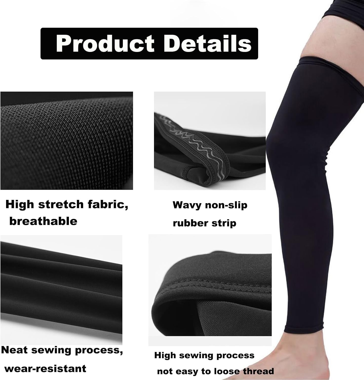 2 Pair Full Leg Compression Sleeves for Men Women for Running, Cycling, Football