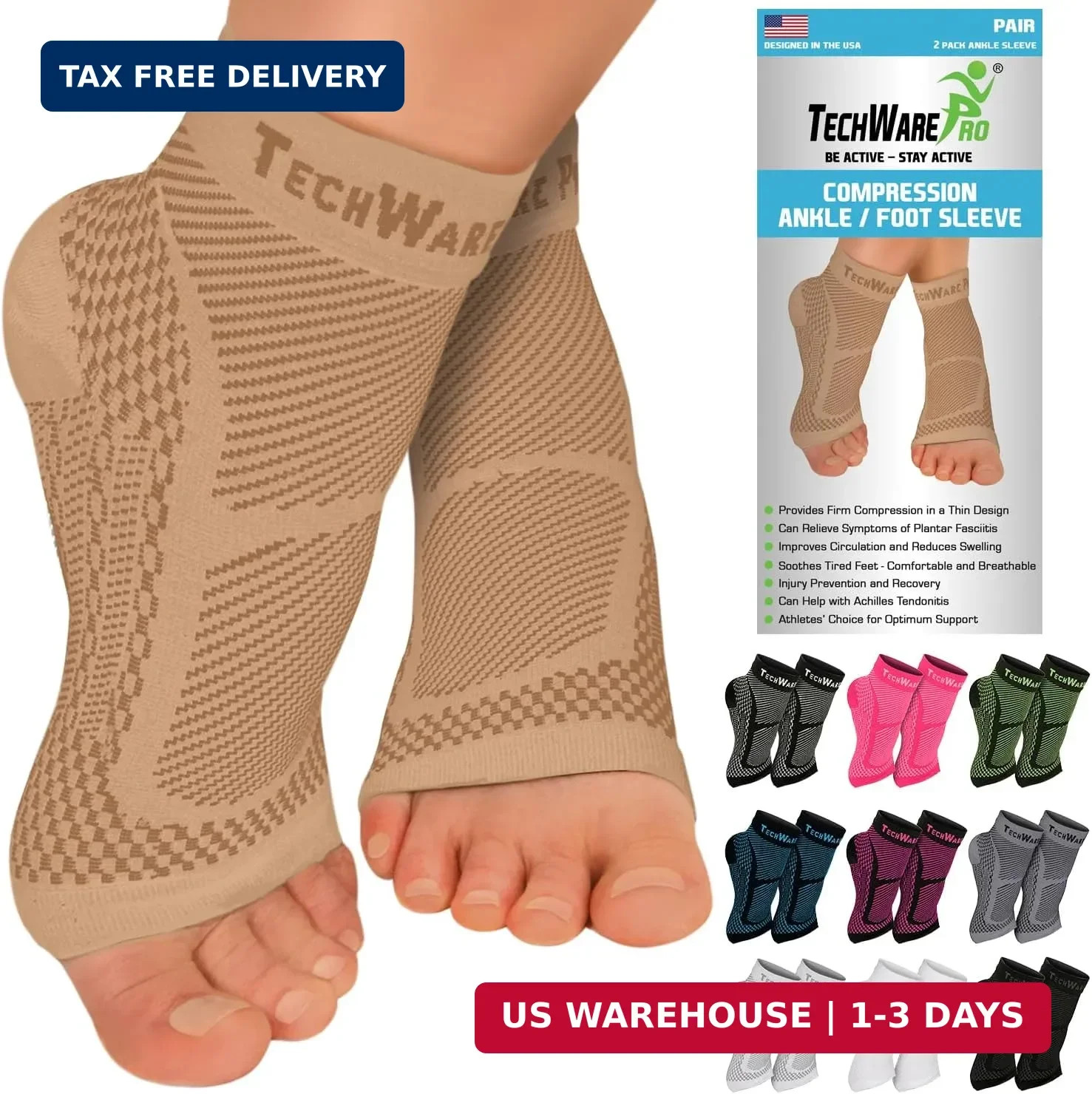 TechWare Pro Ankle Brace Compression Sleeve – Plantar Fasciitis Sock. Relieves A