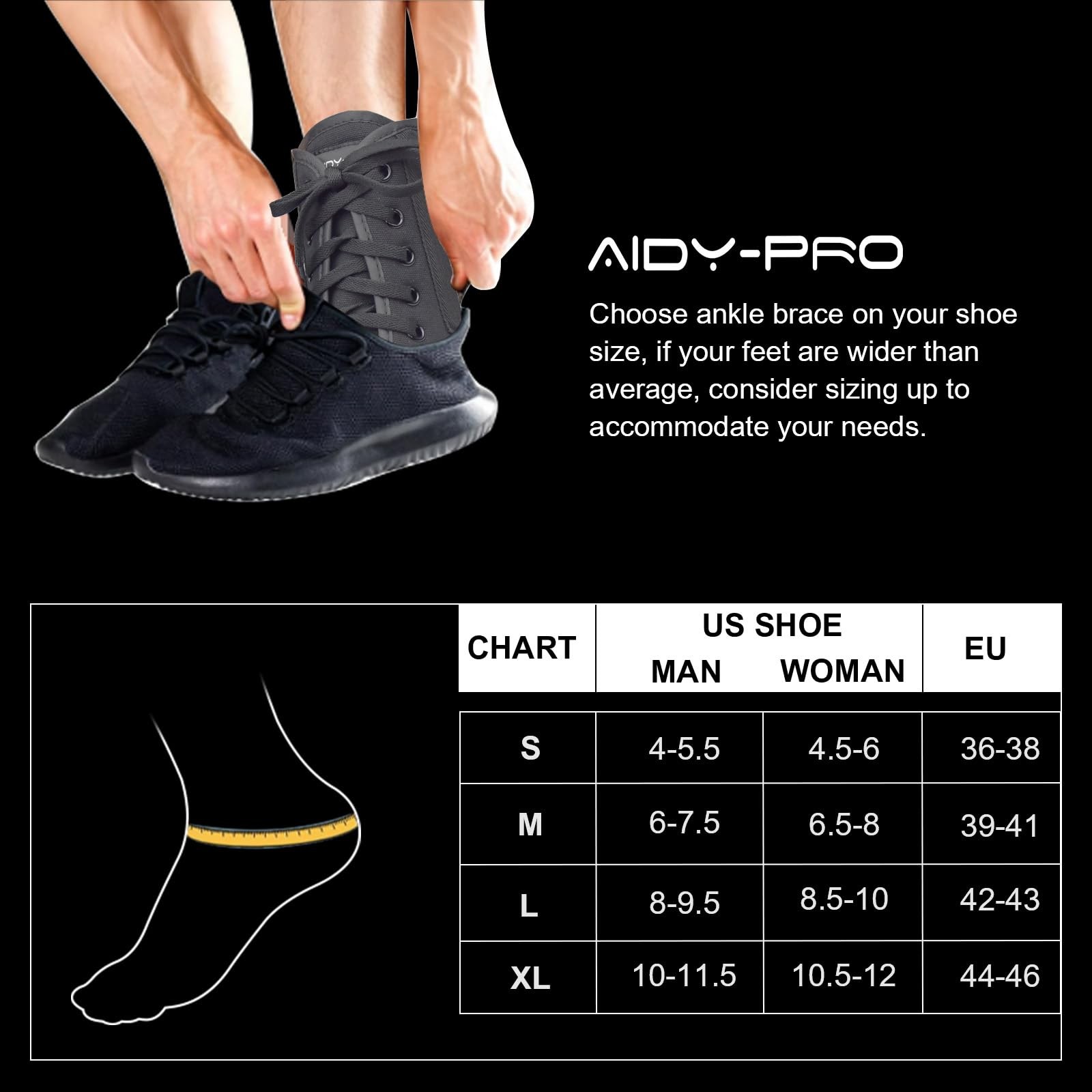 AIDY-PRO Lace Up Ankle Brace with Metal Side Stabilizers, Large, Black