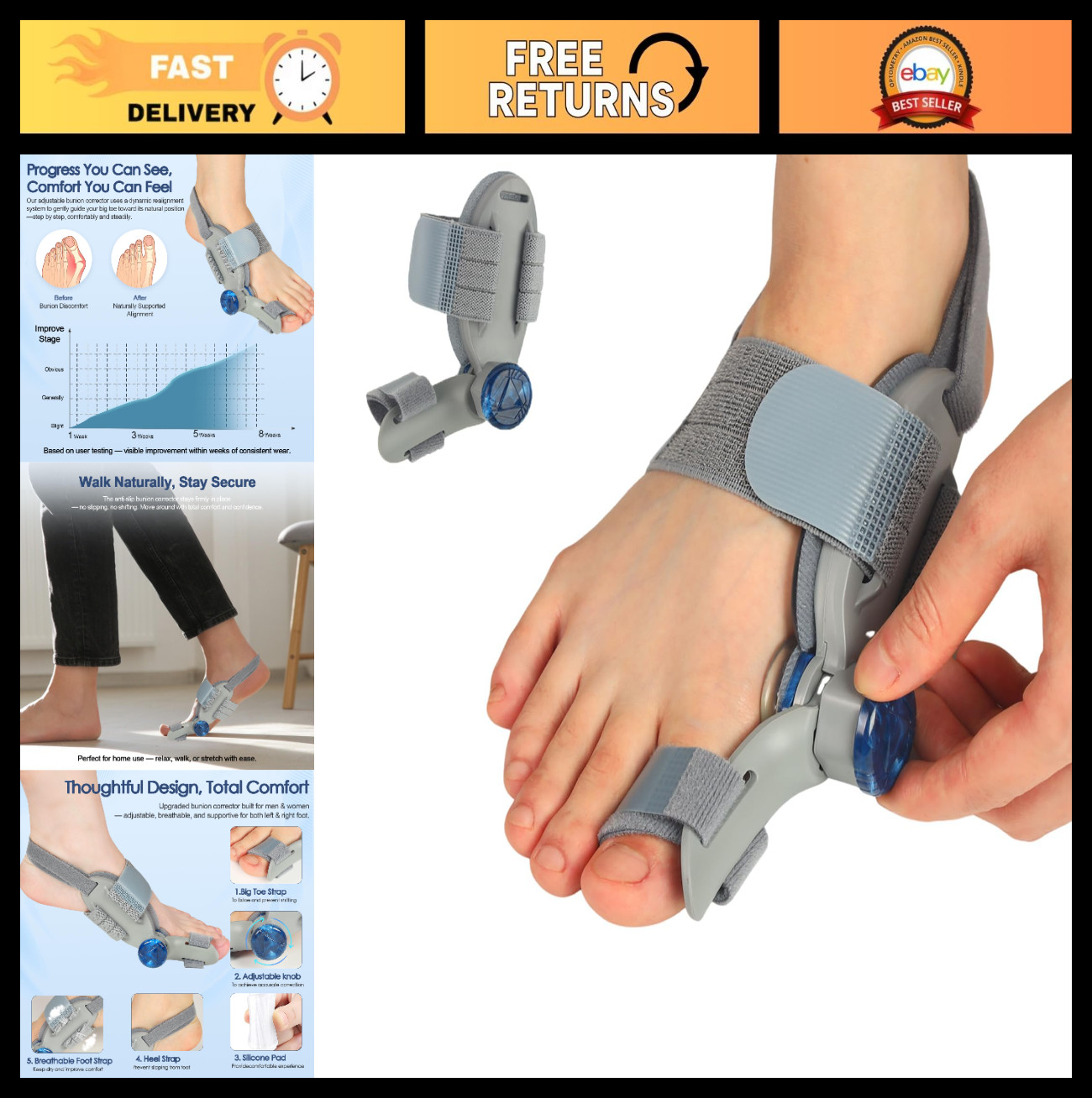Adjustable Bunion Corrector for Men & Women, Big Toe Relief with Silicone Pad, 1