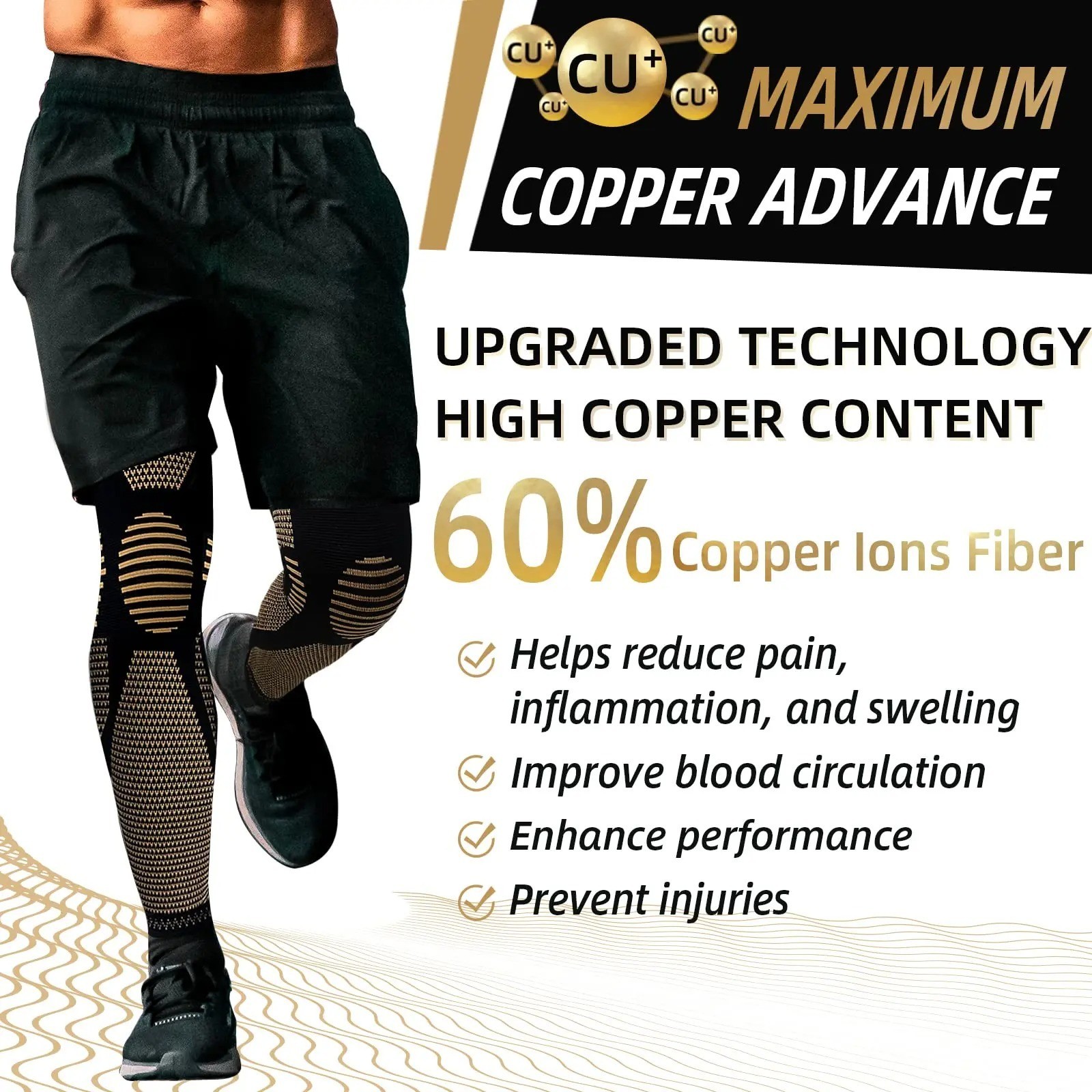 Copper Compression Knee Sleeve Full Leg Support Knee Brace Breathable Knit