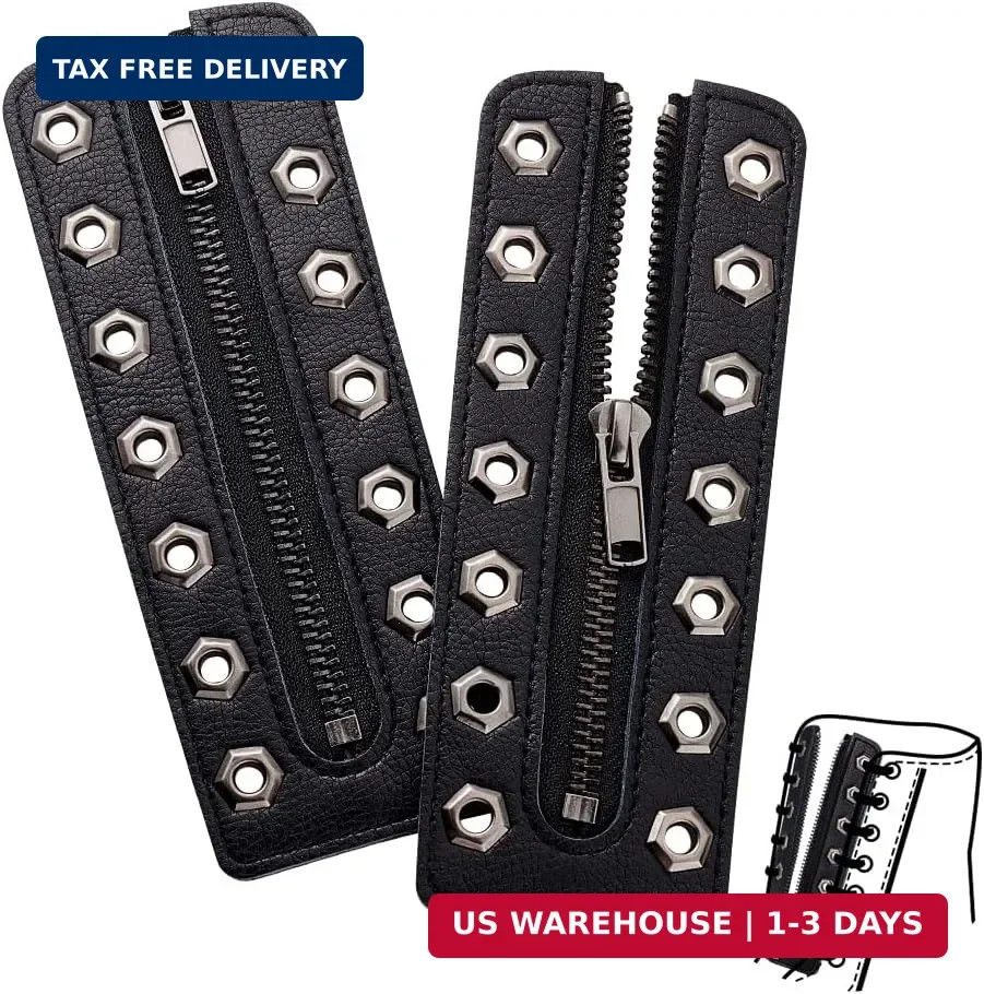 2pcs Leather Lace-in Boot Zipper Inserts, 6.3 x 2.2 Inch Black Cowhide Tieless S