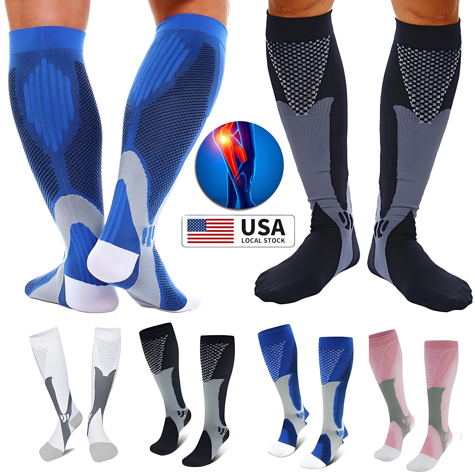 Compression Socks Stockings Knee High Women Men Sports 20-30 mmHG S/M-X/XL USA