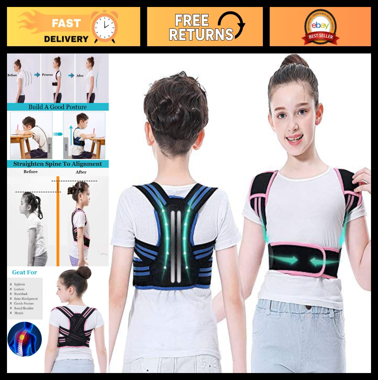 Adjustable Posture Corrector for Kids & Teens – Upper Back Brace for Slouching,