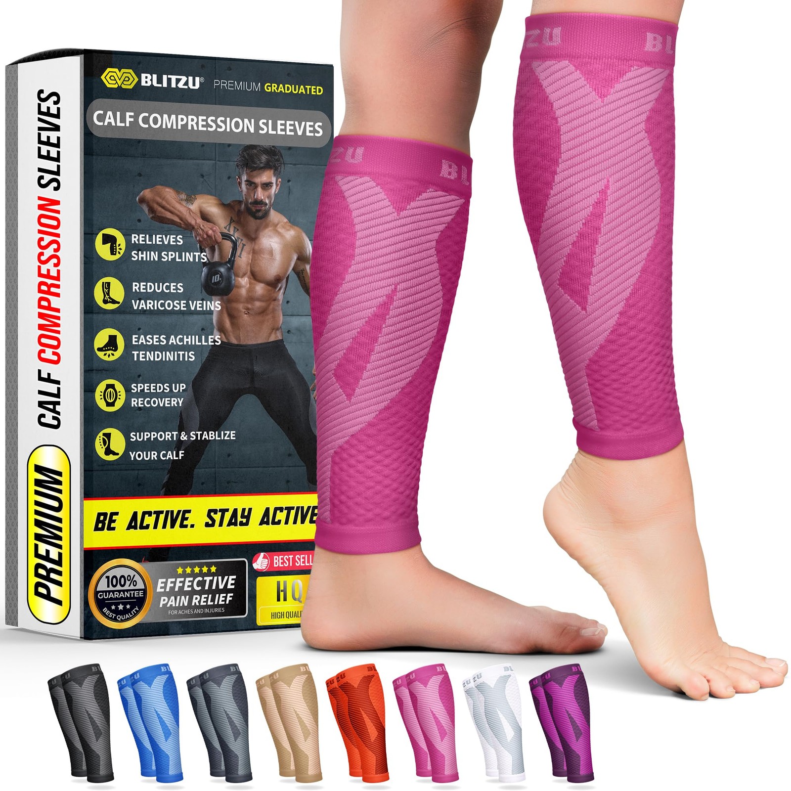 BLITZU Calf Compression Sleeves, Footless Small/Medium, Pink