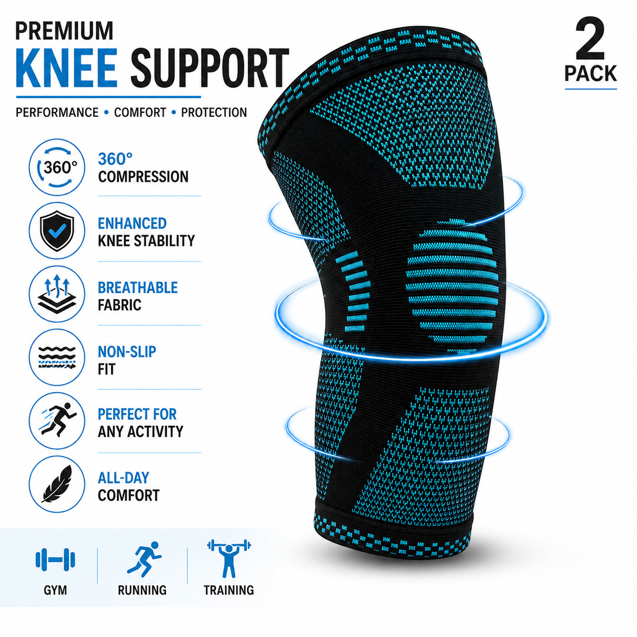 **POWERLIX Knee Compression Sleeve 2 Pack Medium Support Brace Running Gym