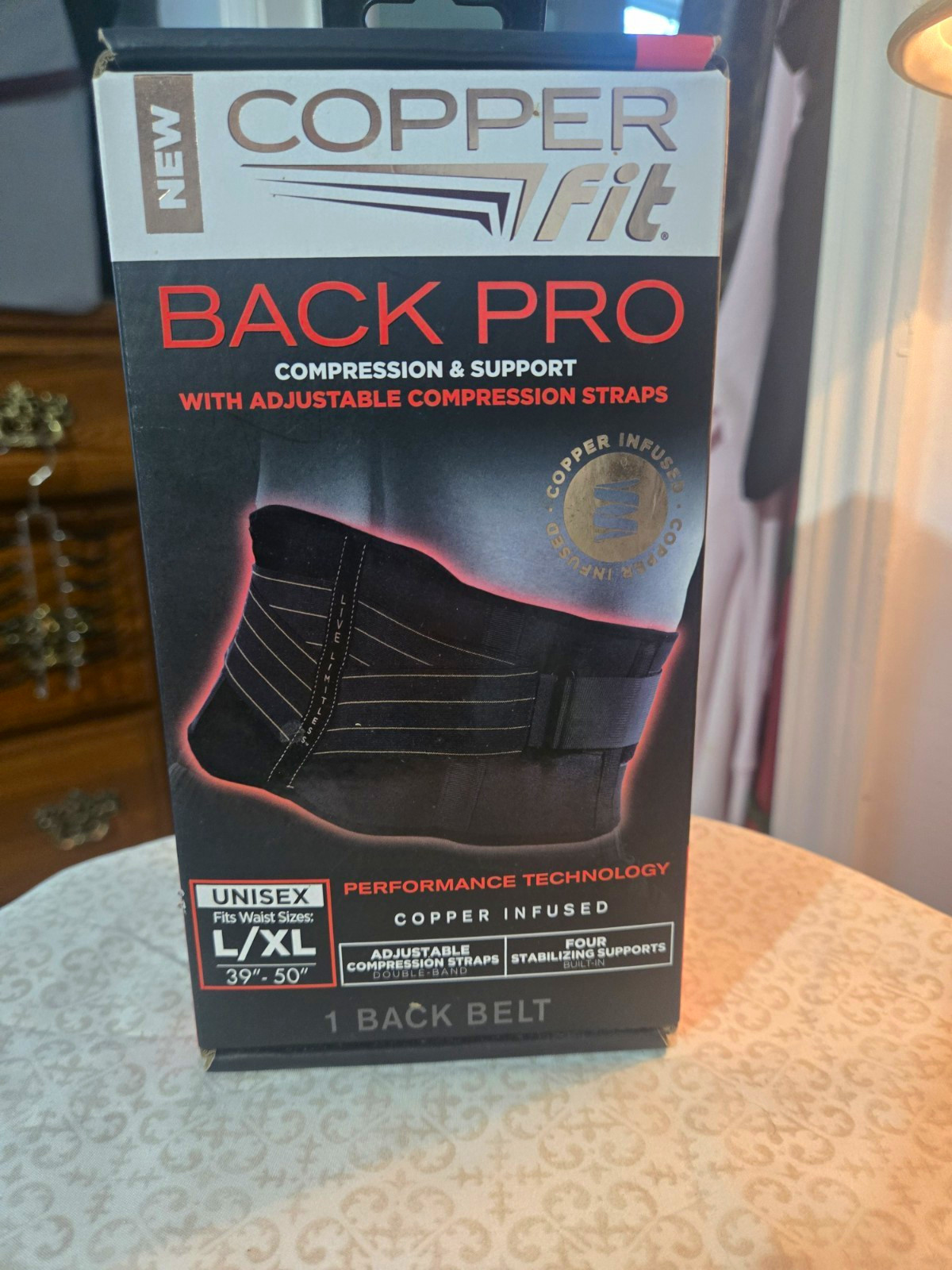Copper Fit Back Pro Back Support Belt L/XL Black Adjustable Compression Straps