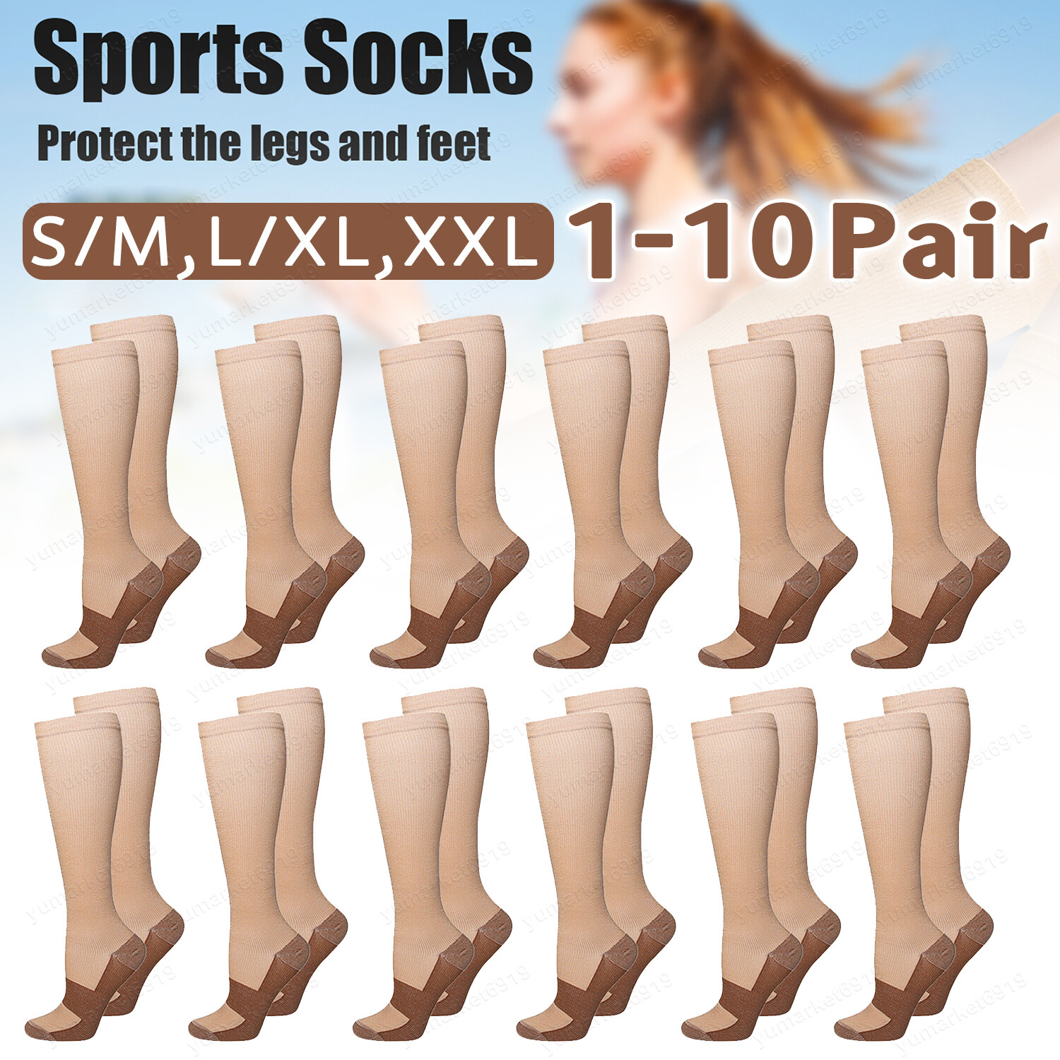 S-XXL Copper Infused Compression Socks 20-30mmHg Pain Relief Men Women Beige Lot