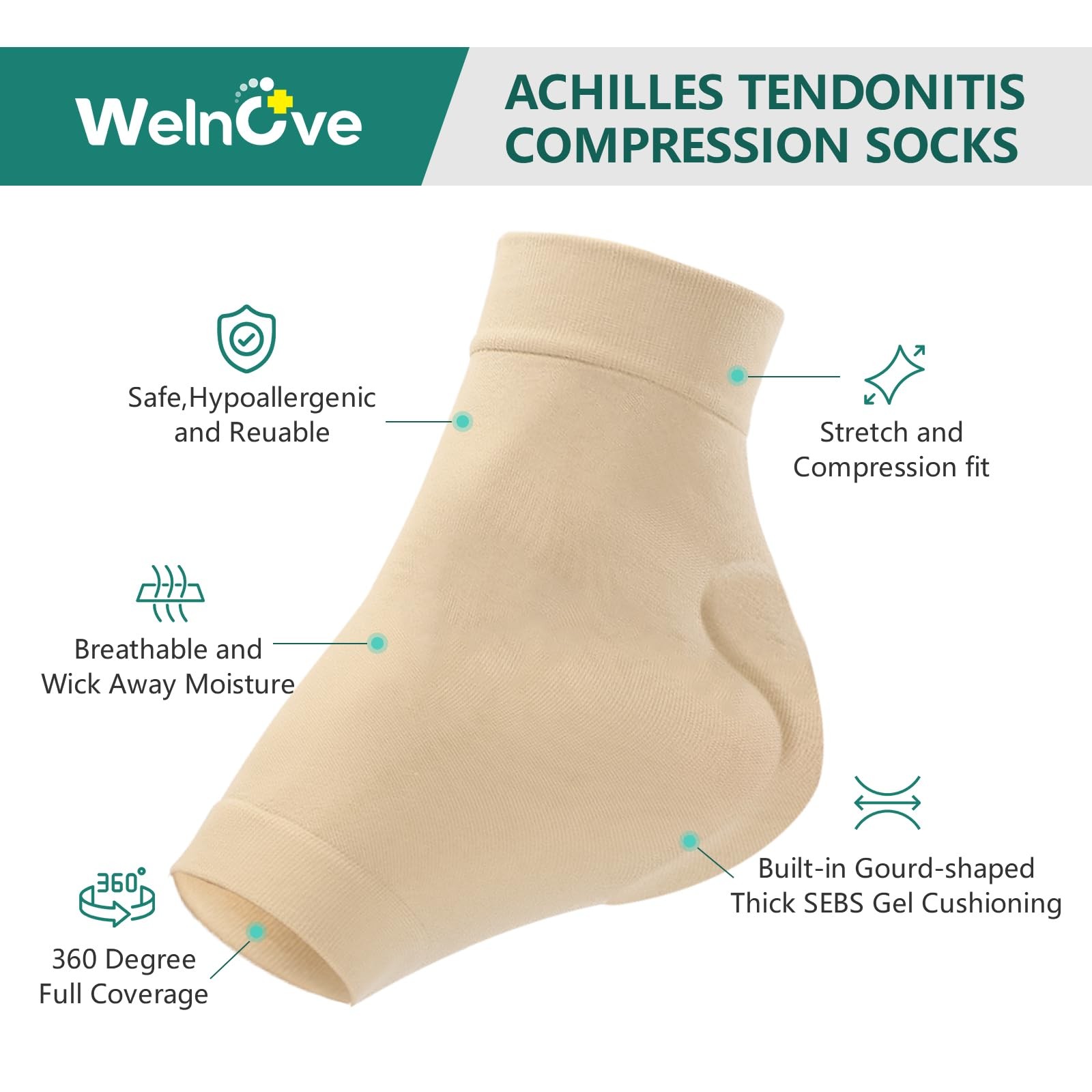 Achilles Tendonitis Heel Protector Socks – (FSA&HSA) Welnove Regular, Beige