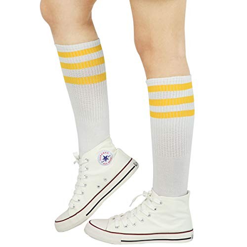 Knee High Tube Socks: Over the Calf Retro Striped Socks One Size White/Yellow