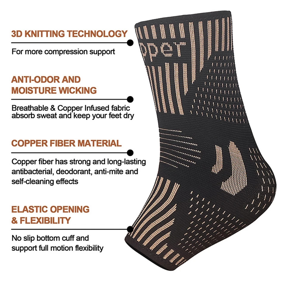 2x Copper Ankle Brace Support for Adults, Foot Pain Relief Achilles Tendonitis