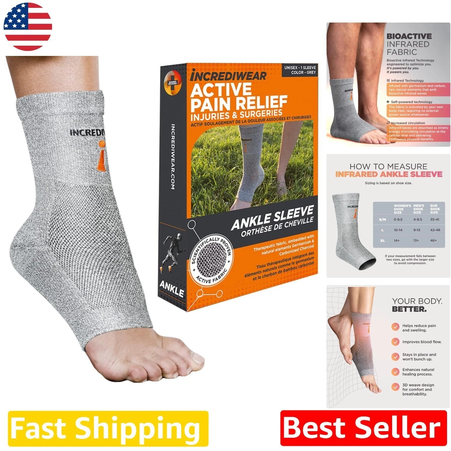 Incrediwear Ankle Brace X-Large Grey – Plantar Fasciitis Achilles Support