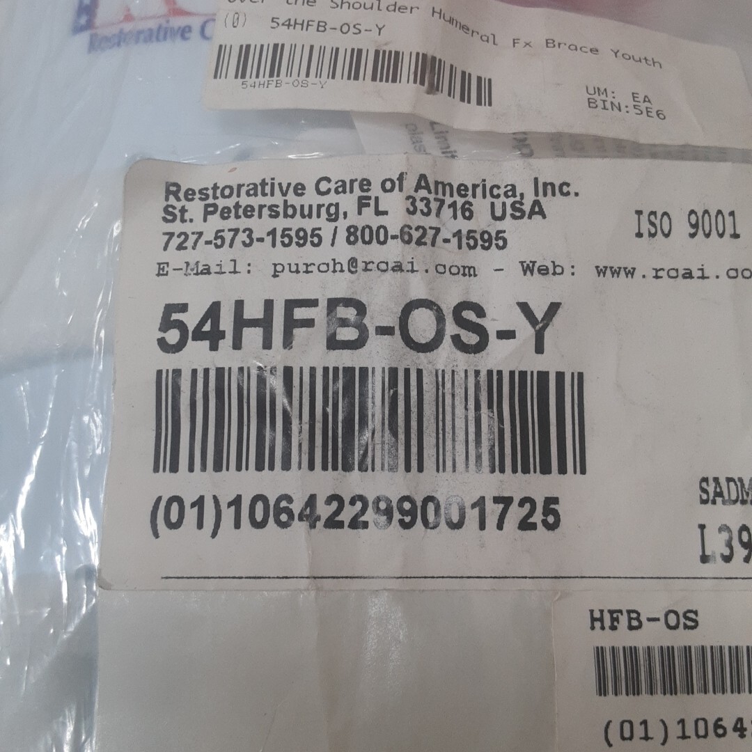 RCAI RESTORATIVE CARE OF AMERICA HUMERAL FRACTURE BRACE OVER THE SHOULDER YOUTH