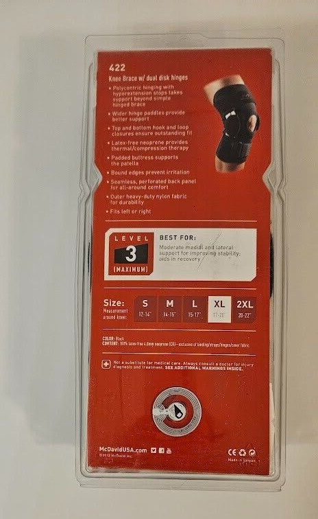 mcdavid knee brace 422 adult XL black hinged hook & loop closure new level 3