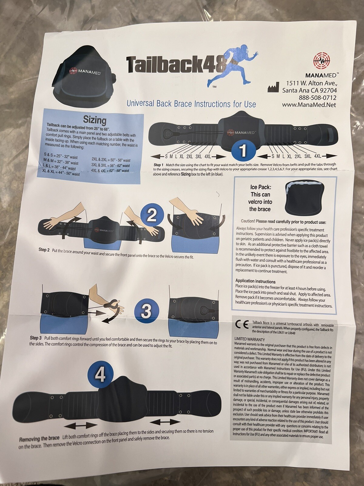 New Manamed Tailback 48 TBO48 Back Brace Universal L0648