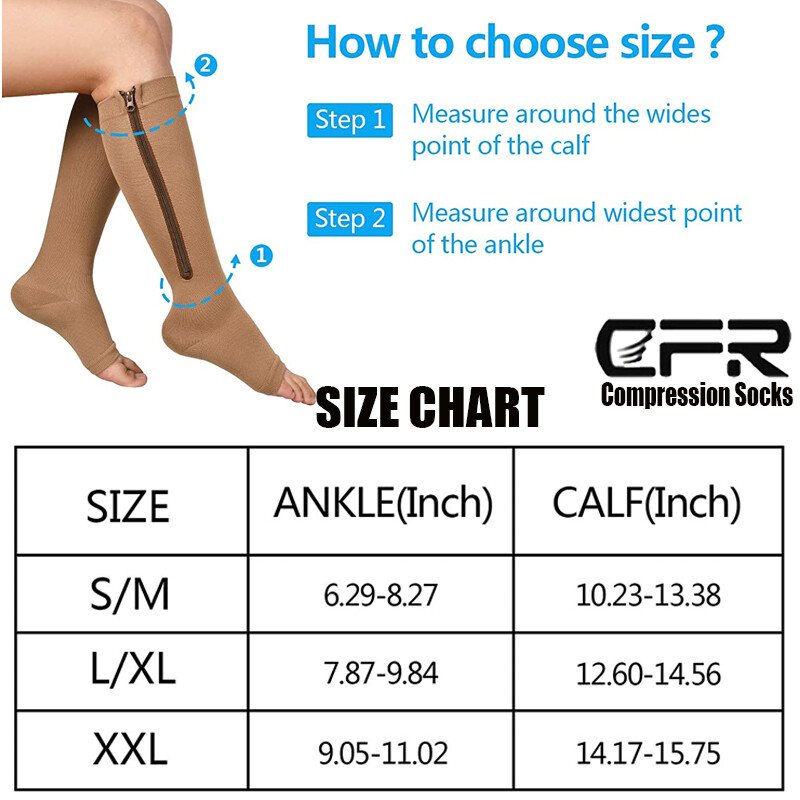 Pair Open Toe Zipper Compression Socks Calf Knee High Graduated Support Stock