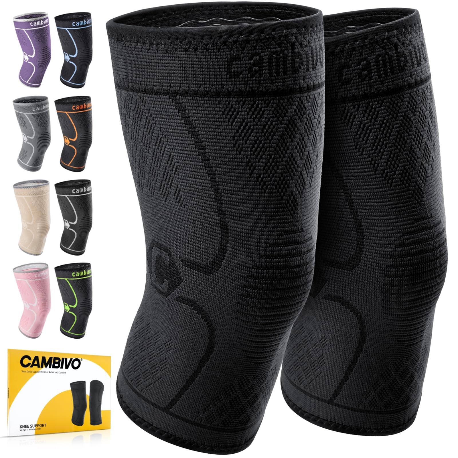 CAMBIVO 2 Pack Knee Braces for Women & Men, Compression Medium, Black
