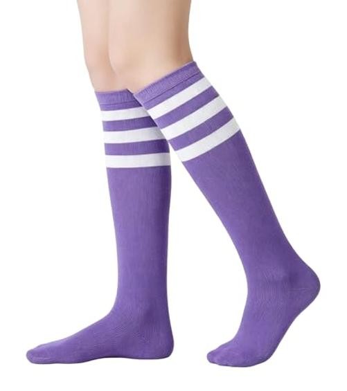 Women Men Knee High Athletic Socks Casual Stripes Retro Tube A02-white/Purple
