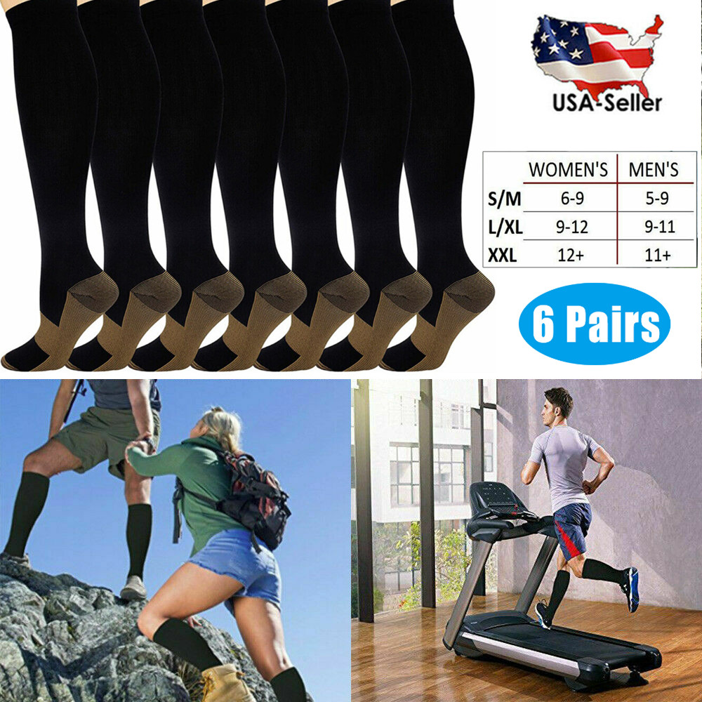 (6 Pairs) Copper Compression Socks 20-30mmHg Graduated Support Mens Womens S-XXL