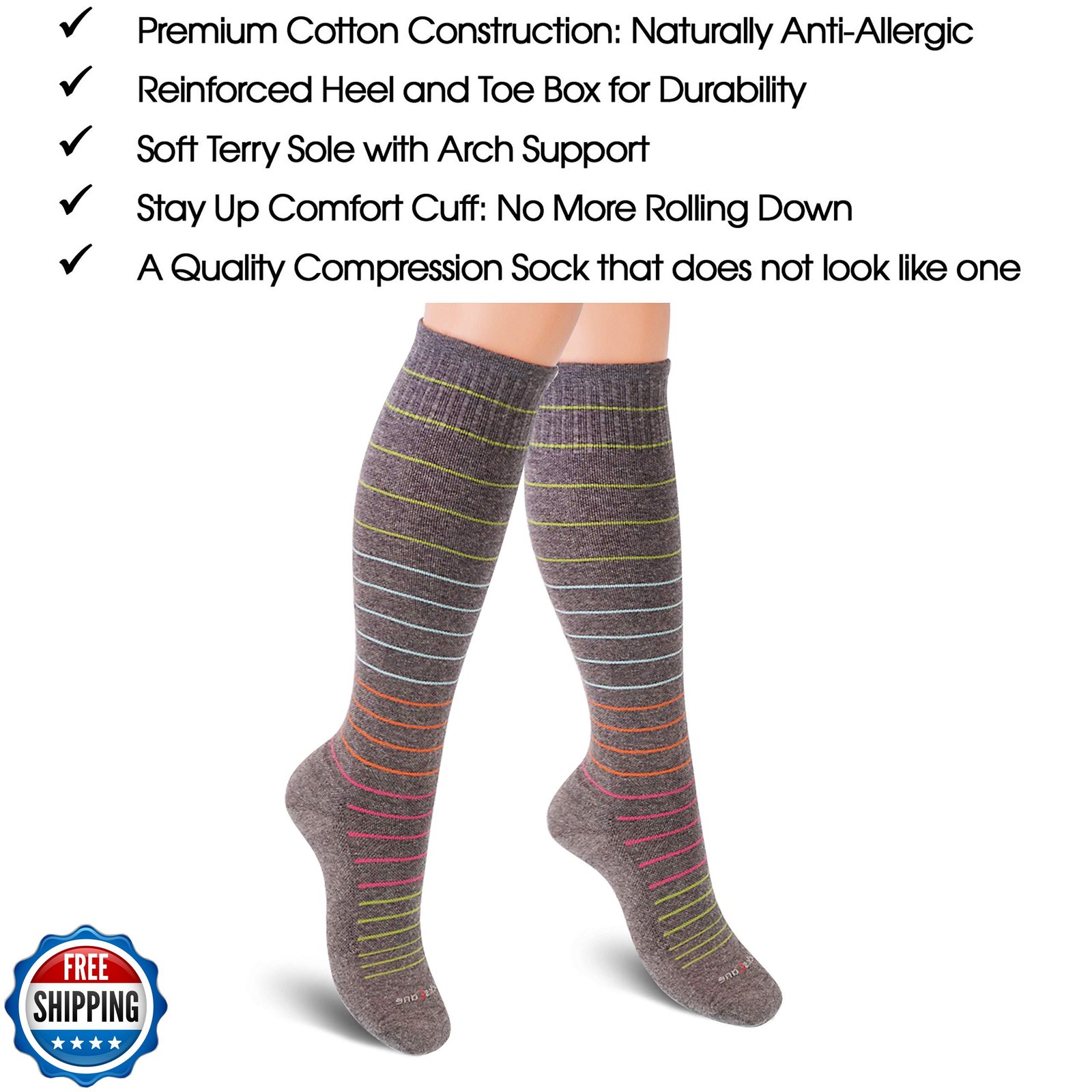 SocksLane Cotton Compression Socks for Women and Men. 15-20 mmHg Support Knee