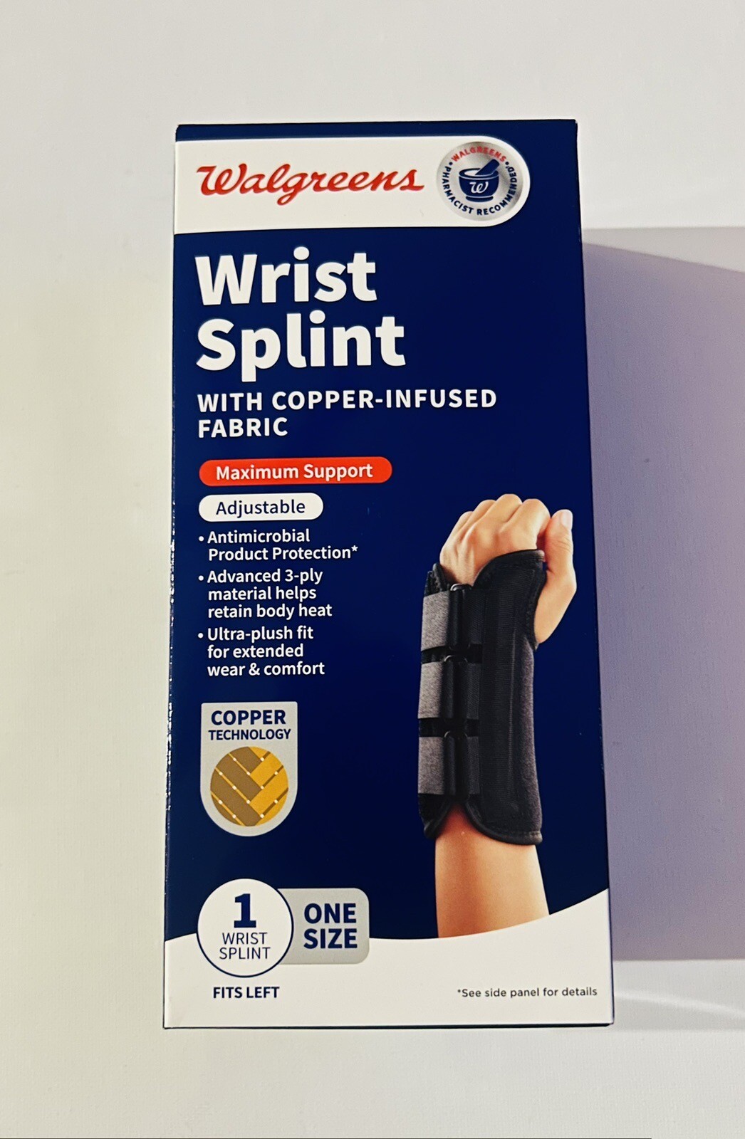 Walgreens Copper Wrist Splint Left Hand 3 Ply Material Antimicrobial