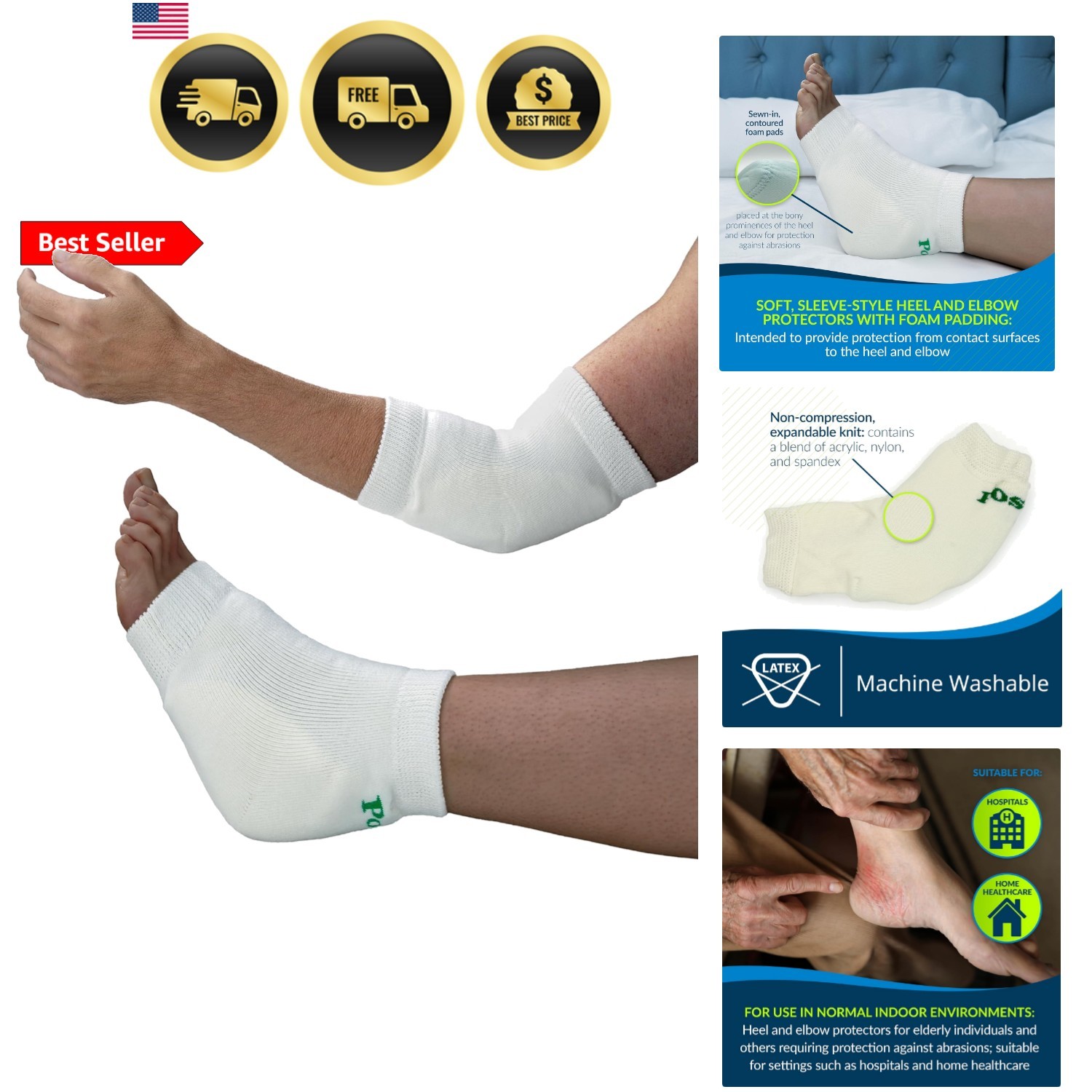 TIDI Heel and Elbow Protectors with Foam Pads ― Medium ― White ― One Pair of …