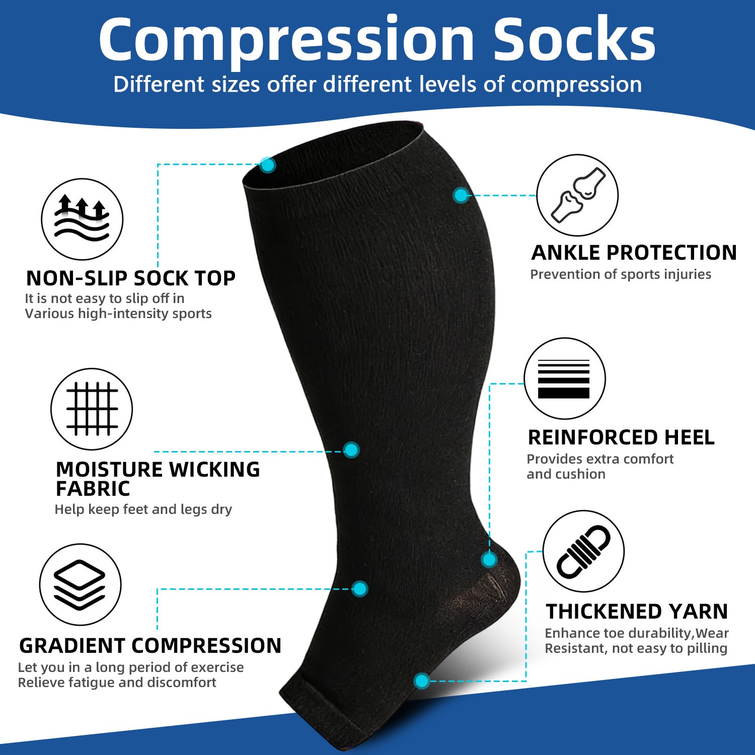 5 Pairs 20-30 mmHg Toeless Compression Socks-Knee High Support for Running&Sport