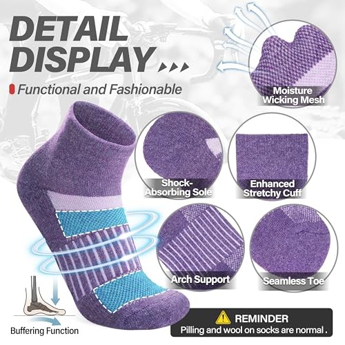 6 Pairs Merino Wool Ankle Running Hiking Medium Purple Mixed(quarter Socks)