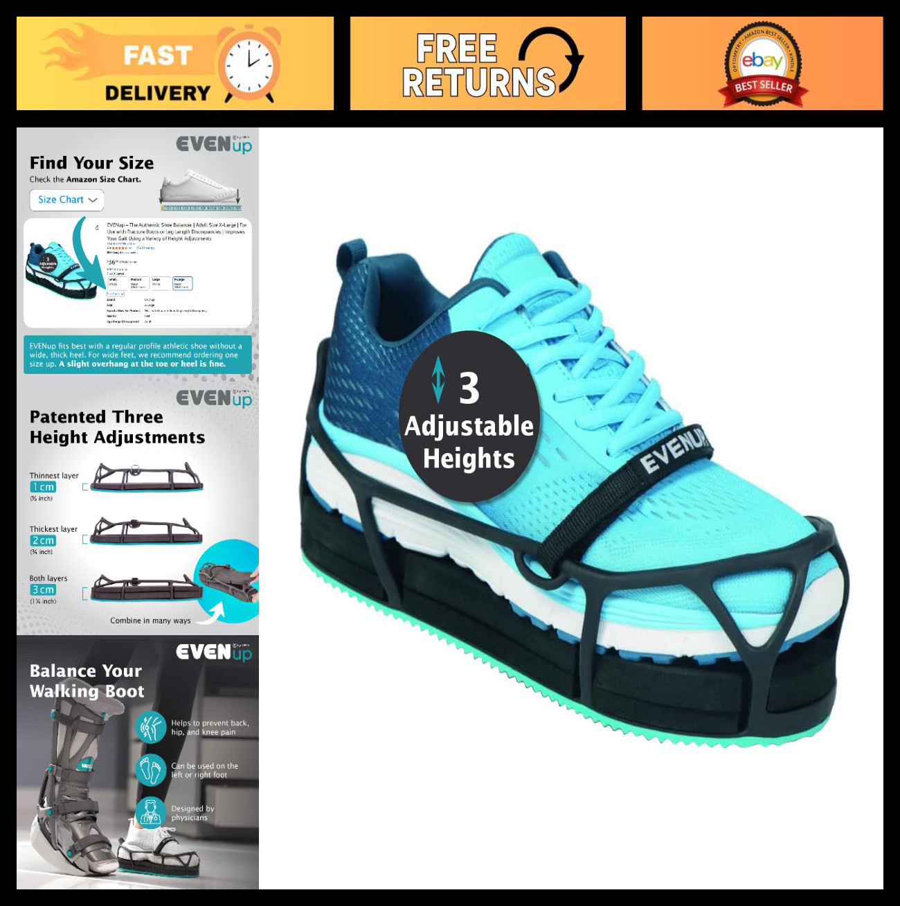 Shoe Lift for Walking Boot – Medium Size, Adjustable Height, Gait Improvement, S