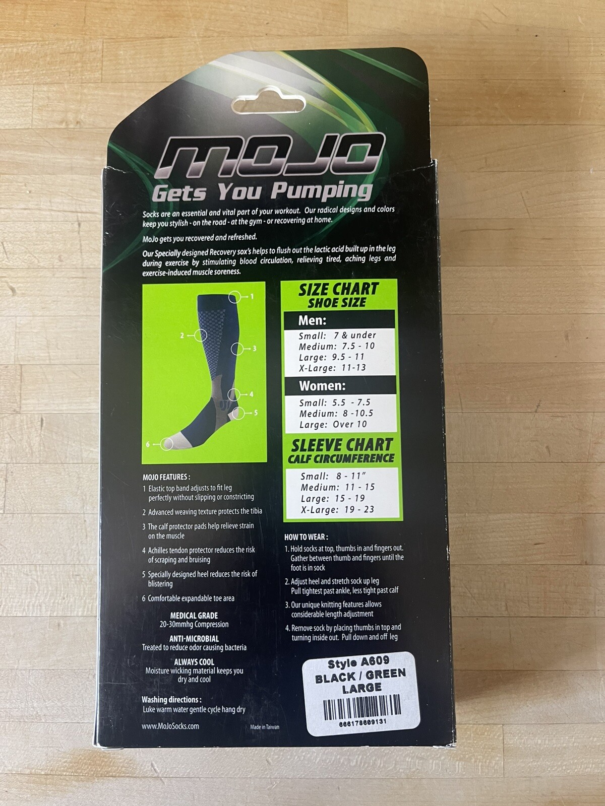 Mojo Full Lenght Compression Sleeves , Style 609 Black / Green Large