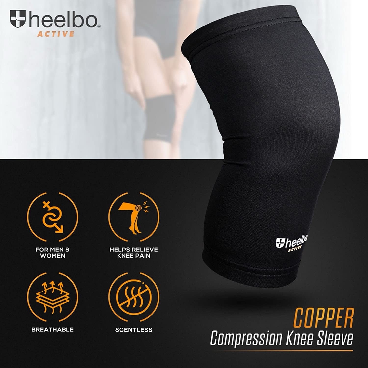 Heelbo Knee Compression Sleeve with Copper Infused Fibers and Breathable Fabric
